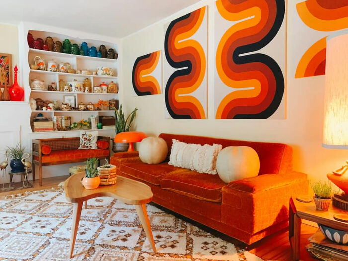 Finally Found My Very Own Mid Century Couch. This Velvet Orange Beauty Was A Marketplace Score