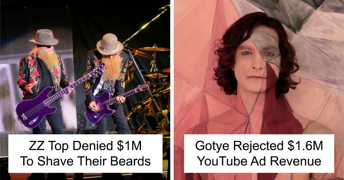 Two celebrities known for walking away from huge amounts of money, featuring ZZ Top and Gotye in performance and artistic settings.