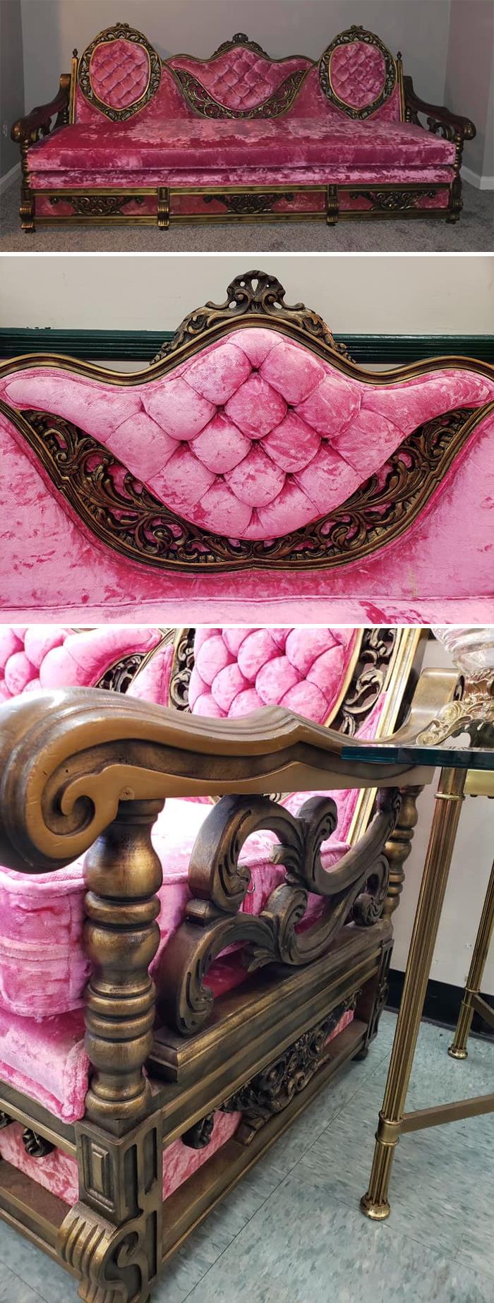 Not Super Weird But I Wanted To Share My Prized Possession- My Super Obnoxious Giant Pink Vintage Couch My Boyfriend Found At A Thrift/Antique Store