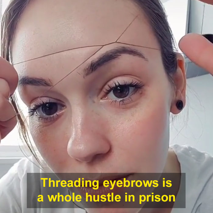 Women Fix Their Eyebrows Using A Thread Instead Of Tweezers