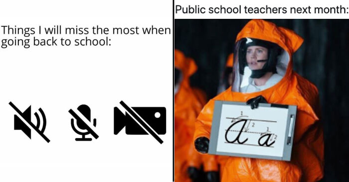 School memes showing virtual meeting icons missed and teachers in hazmat suits.