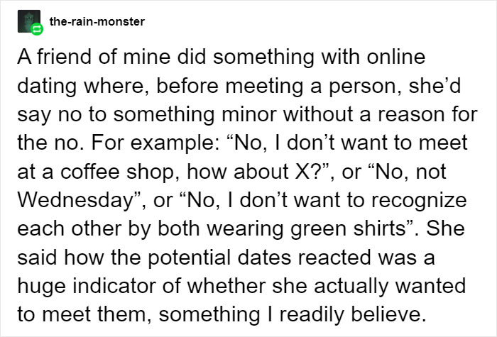 Woman Shares How She Tests Out Her Dates For Red Flags Before Going Out With Them, Starts A Heated Discussion Woman Shares How She Tests Out Her Dates For Red Flags Before Going Out With Them, Starts A Heated Discussion