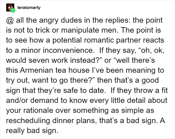 Woman Shares How She Tests Out Her Dates For Red Flags Before Going Out With Them, Starts A Heated Discussion Woman Shares How She Tests Out Her Dates For Red Flags Before Going Out With Them, Starts A Heated Discussion