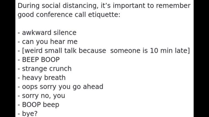 Funny school meme about conference call etiquette during social distancing, featuring awkward silence and small talk.