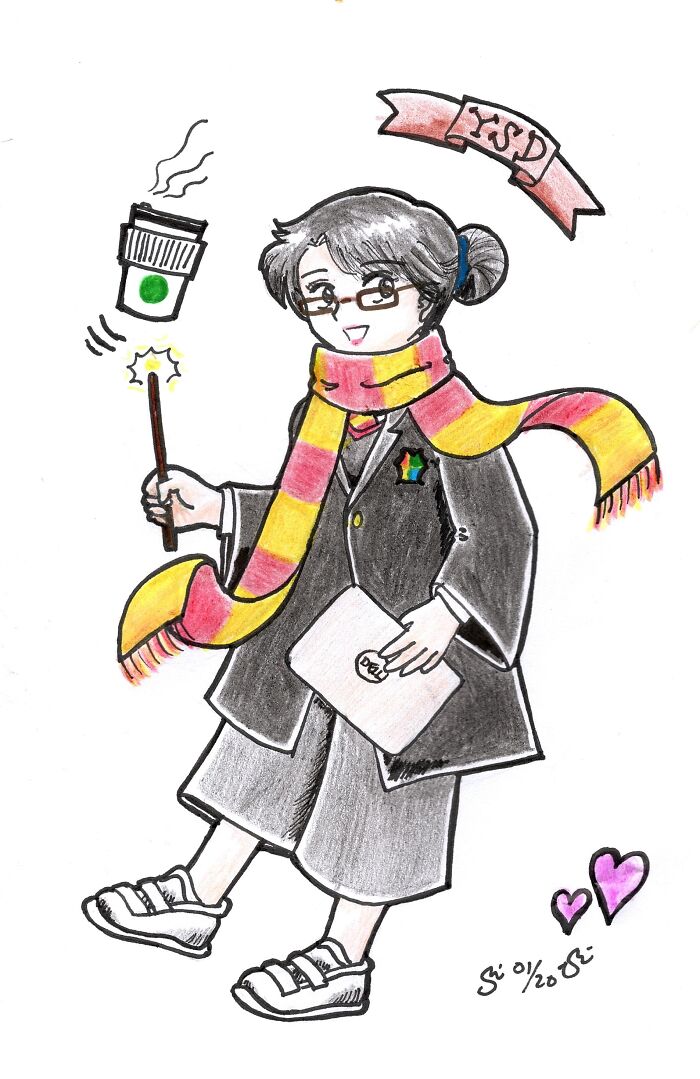 This A Drawing I Made For My Colleague. She Loooves Harry Potter, Drinks Starbucks Everyday And Carries Her Dell Noteboke Everywhere. Voila