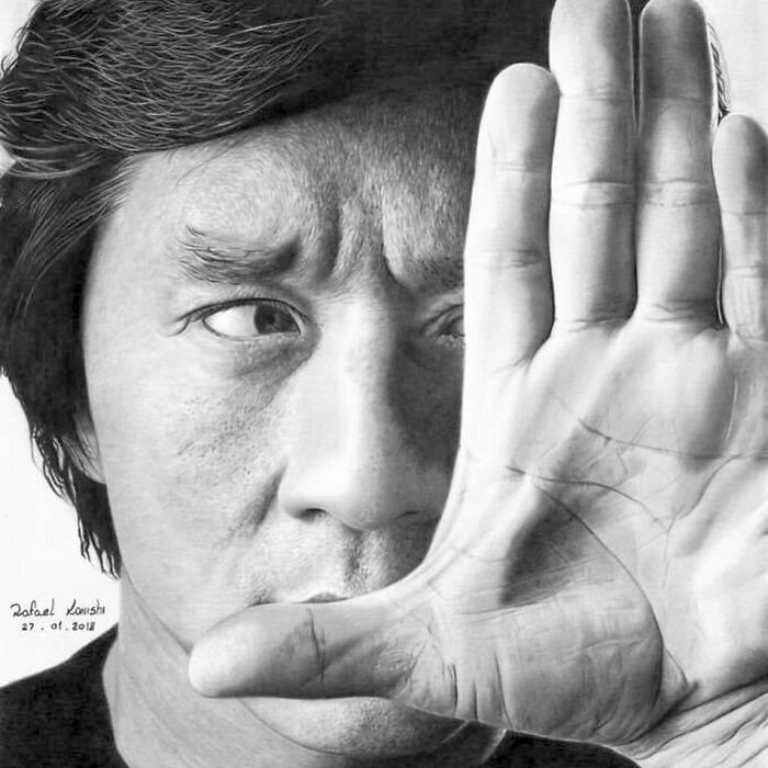 Realistic drawing by artist Rafael Konishi showcasing a face partially obscured by a hand.