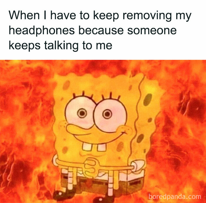 SpongeBob meme, showing frustration with headphones, relatable humor.