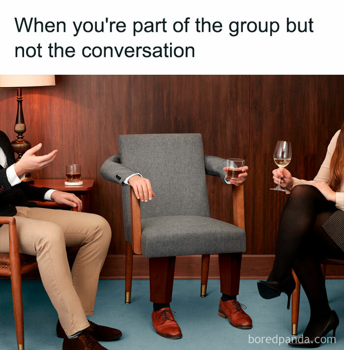 Funny meme showing a chair with human arms and legs holding a drink, illustrating awkward social situations.