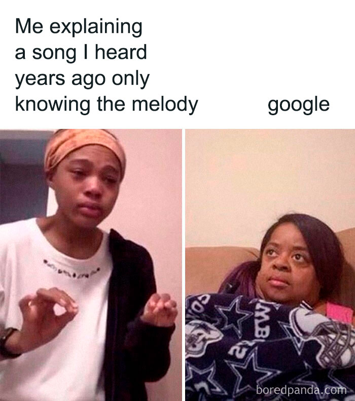 Hilarious meme about explaining a song with Google looking unimpressed.