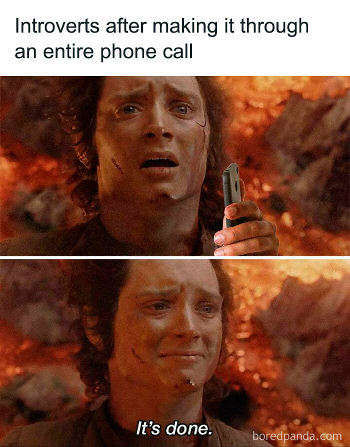 A humorous meme showing a relieved person after finishing a phone call, capturing relatable introvert feelings.