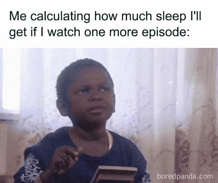 Child calculating sleep time with a puzzled expression, relatable meme.