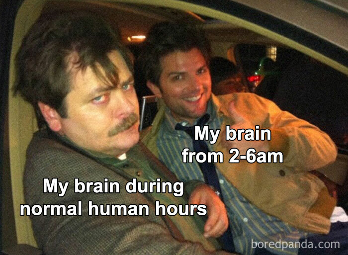 Two men in a car, with captions comparing brain activity during normal hours and from 2-6am; a relatable meme.