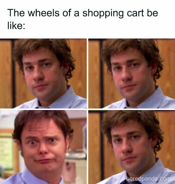 Four-panel meme relatable to uneven shopping cart wheels featuring humorous facial expressions.