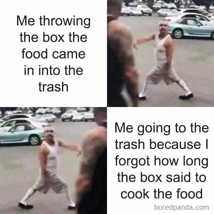 Man rushing back to trash can in a funny meme most people relate to.