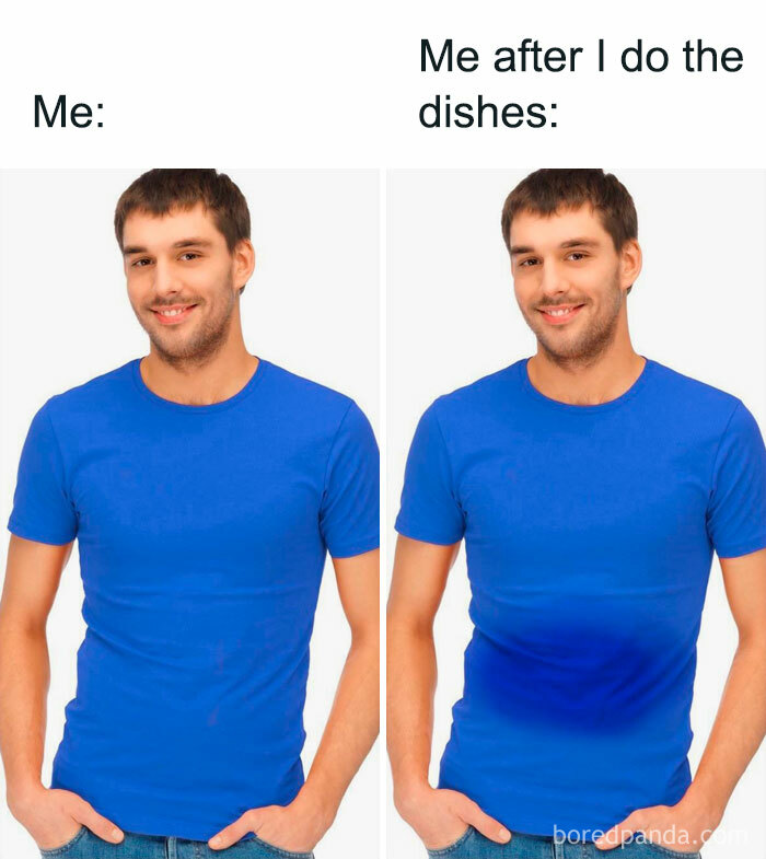 Man in blue shirt before and after dishes, a relatable meme showing shirt with water stains.