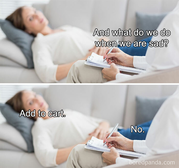 Therapist meme showing a woman on a couch joking about shopping as a solution to sadness.