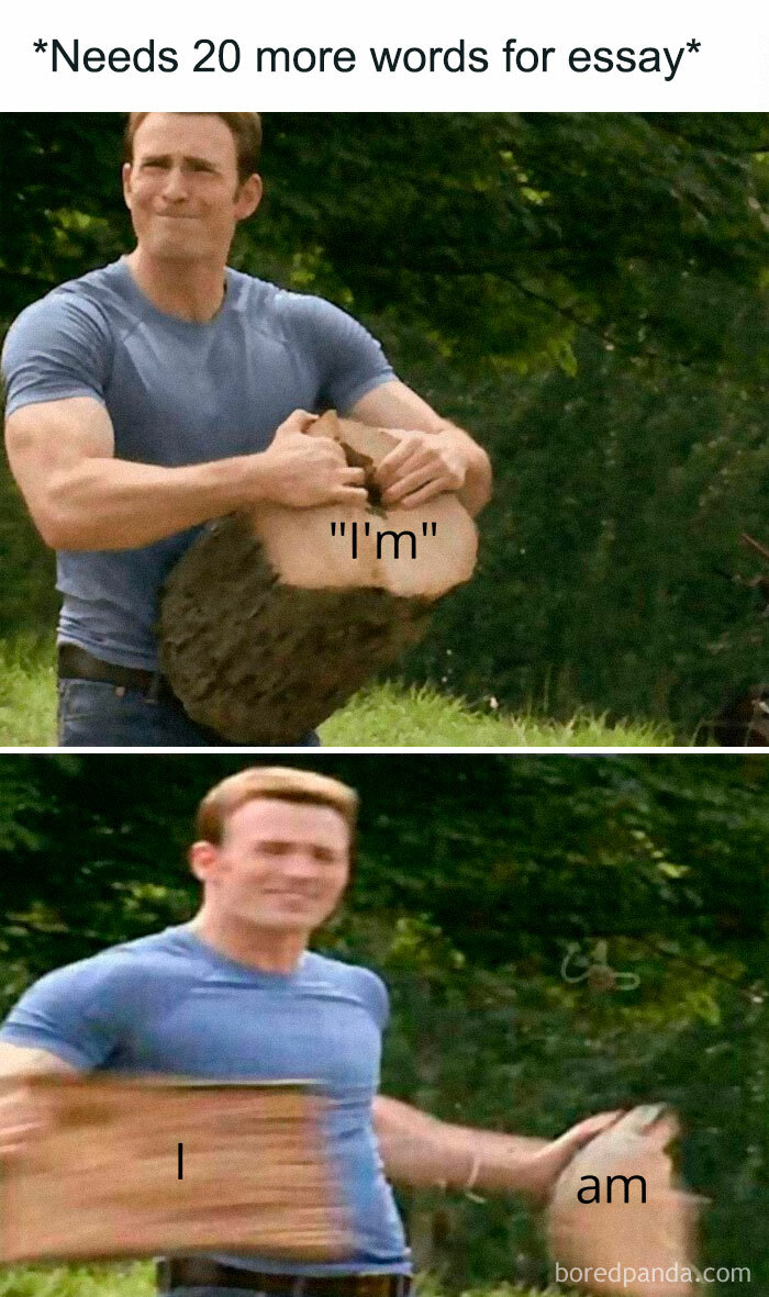 Man humorously splitting "I'm" into "I am" using log halves, highlighting relatable meme content.