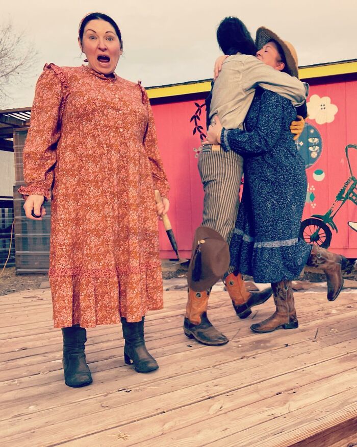 When Supposed Fashion Forward Target Has Pandemic Prairie Dresses For Sale, You Buy One And Call Your Best Sister Wife To Come Over To Help You With Your Chores And To Be A Part Of The #targetdresschallenge