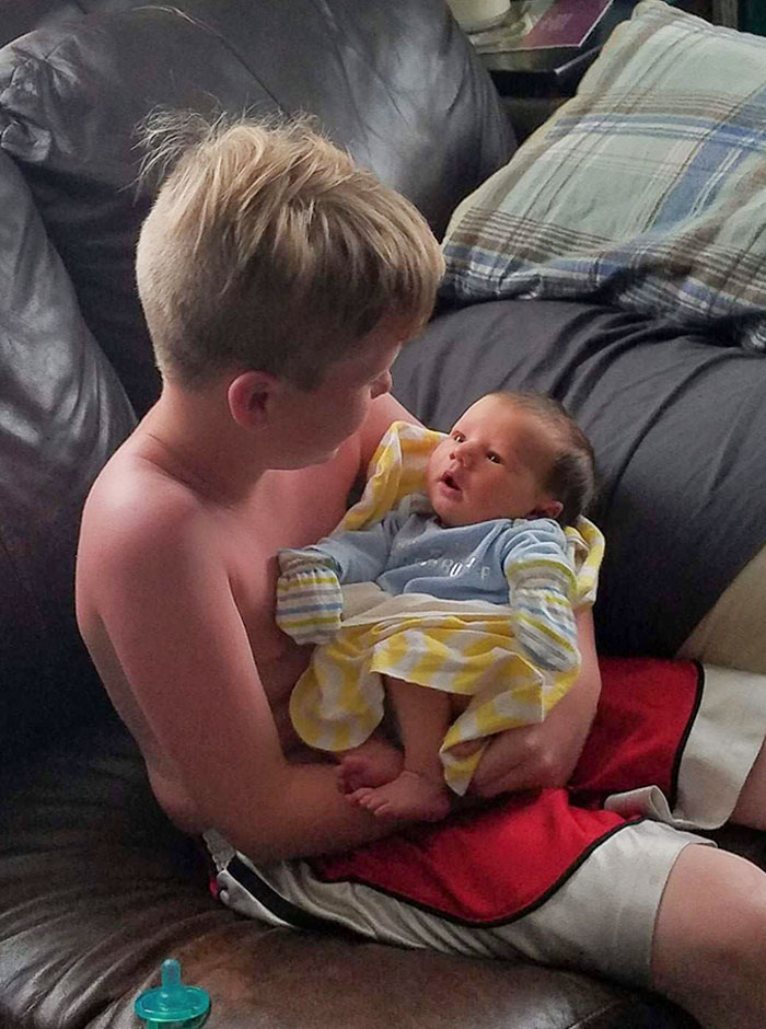 3 Days After My Youngest Son Was Born. I Went To The Bathroom, He Got Fussy, And My Oldest Picked Him Up. Baby Just Sat There And Stared