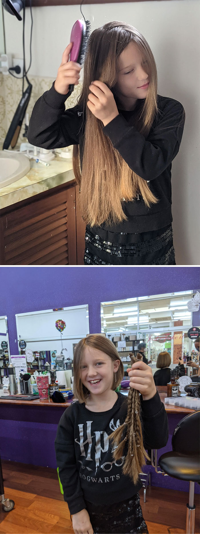 My 8yo Daughter Has Been Growing Her Hair For Nearly 2 Years To Donate It To A Charity That Makes Wigs For Cancer Kids That Cannot Afford Them. Today Was The Day She Had It Cut