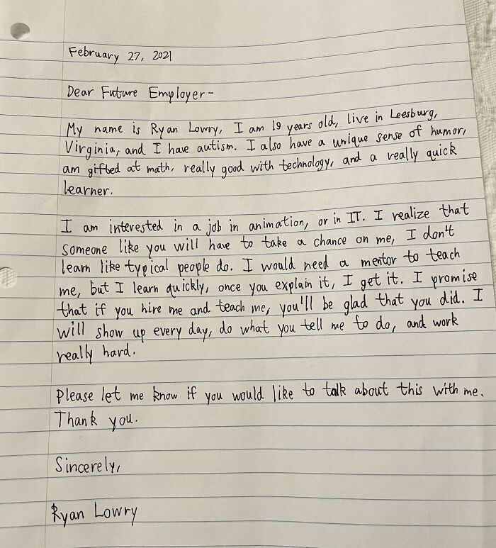 20 Y.O. With Autism Receives Thousands Of Comments And Job Offers After Posting A Wholesome Handwritten Cover Letter On LinkedIn 20 Y.O. With Autism Receives Thousands Of Comments And Job Offers After Posting A Wholesome Handwritten Cover Letter On LinkedIn