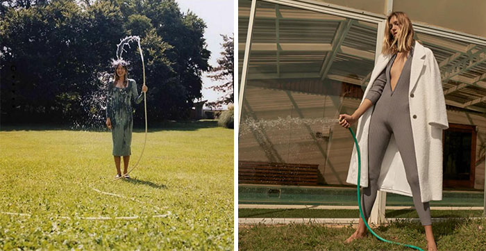Zara model posing with a garden hose, showcasing unique and unconventional modeling poses in outdoor setting.