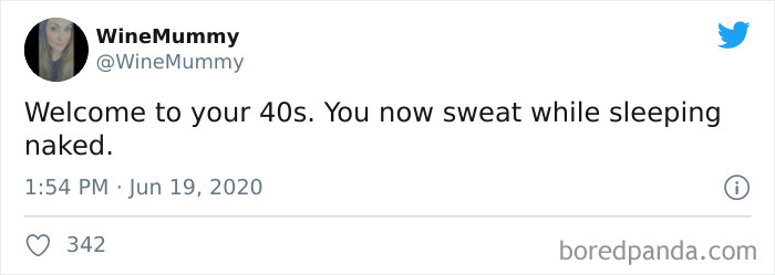 Tweet about life in your 40s mentioning sweating while sleeping, posted by user WineMummy.