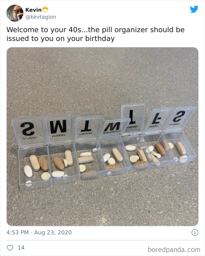 Pill organizer with compartments labeled by day, filled with various pills, humorously highlighting life in your 40s.