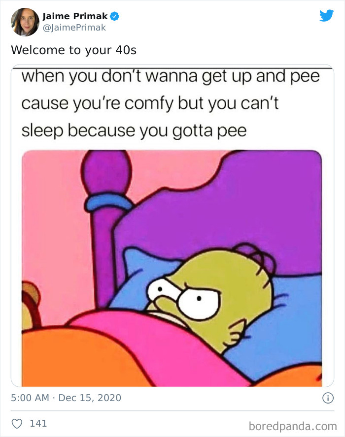 Cartoon character in bed, depicting a relatable struggle of life in your 40s.