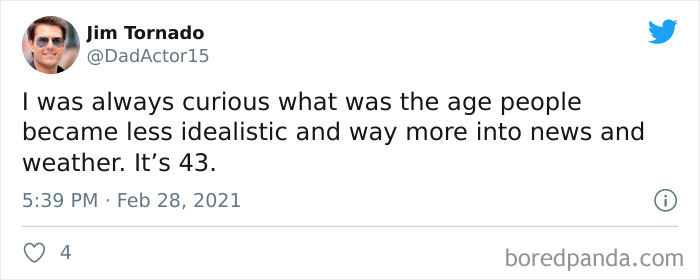 Tweet humorously highlights life changes in your 40s, focusing on becoming less idealistic around age 43.