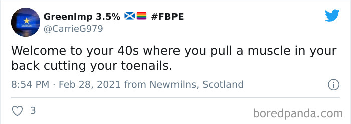 Tweet humorously depicting life in your 40s, mentioning back pain from cutting toenails.