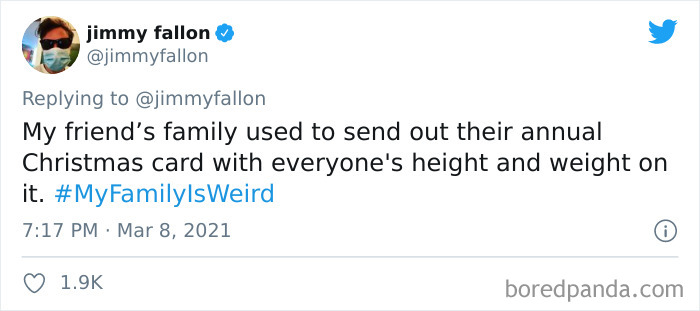 Screenshot of a tweet sharing a funny My Family Is Weird story about an annual Christmas card with height and weight.