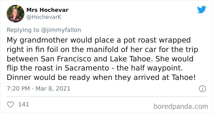 Tweet sharing a funny family story about a grandmother cooking a pot roast in a car for a family road trip.