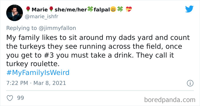 Tweet showing a funny My Family Is Weird story about counting turkeys in the yard as part of a family challenge.