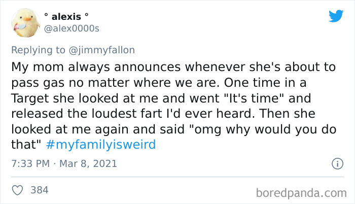 Tweet about a funny and weird family story shared for the my family is weird challenge on Twitter by alex0000s.