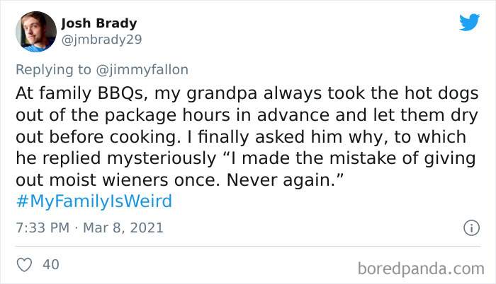 Tweet sharing a weird family story about grandpa drying hot dogs before cooking for a funny family is weird challenge.