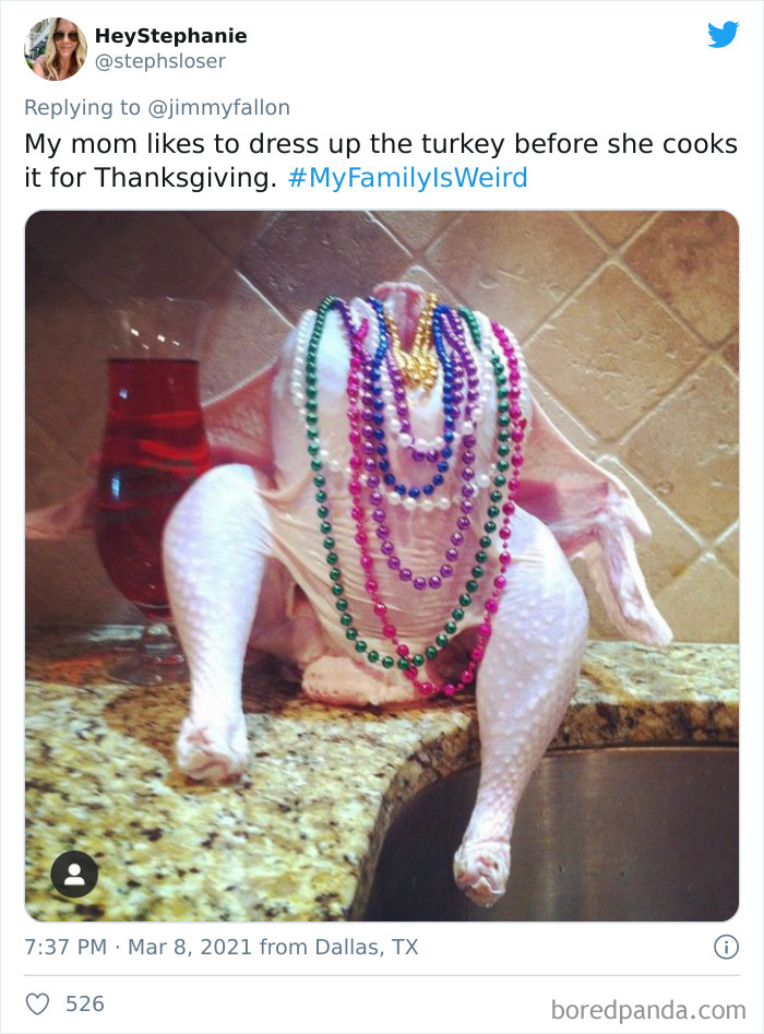 Raw turkey dressed with colorful beads on a kitchen counter showcasing a funny family weird story for Jimmy Fallon’s challenge.