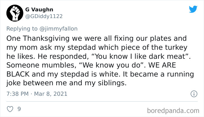 Tweet sharing a funny my family is weird story about a Thanksgiving joke involving turkey preferences.
