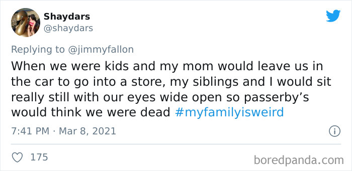 Tweet showing a funny family story shared for Jimmy Fallon’s challenge, highlighting weird family moments and humor.