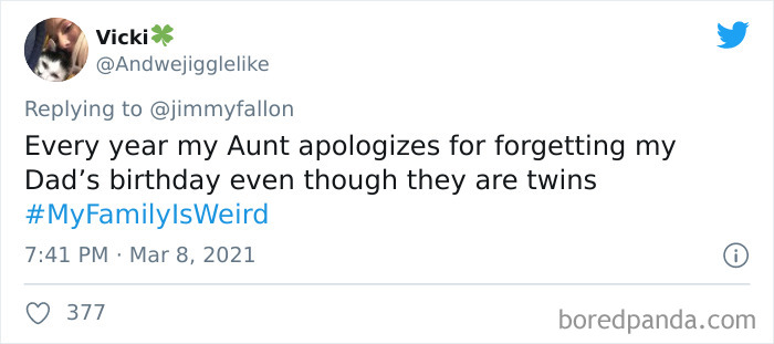 Tweet screenshot of a funny My Family Is Weird story about an aunt forgetting her twin brother’s birthday.