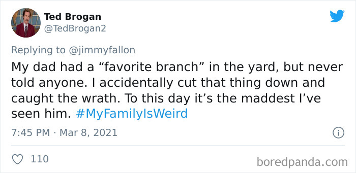 Tweet from Ted Brogan sharing a funny story about his weird family branch, part of My Family Is Weird challenge.