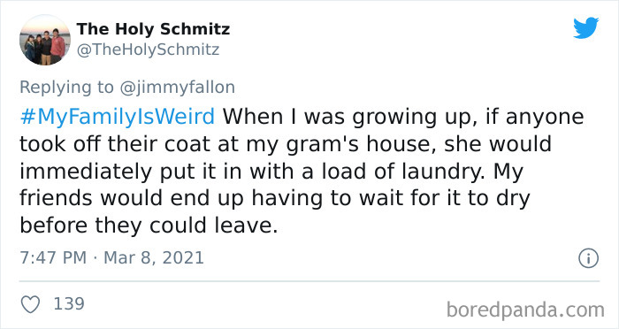 Screenshot of a tweet sharing a funny My Family Is Weird story about laundry habits at a grandmother’s house.