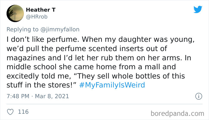 Tweet showing a funny family story shared for Jimmy Fallon’s My Family Is Weird challenge about perfume and scented magazine inserts.