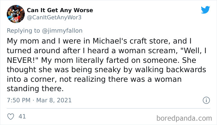 Tweet sharing a funny and weird family story from Jimmy Fallon’s challenge about unusual family moments.