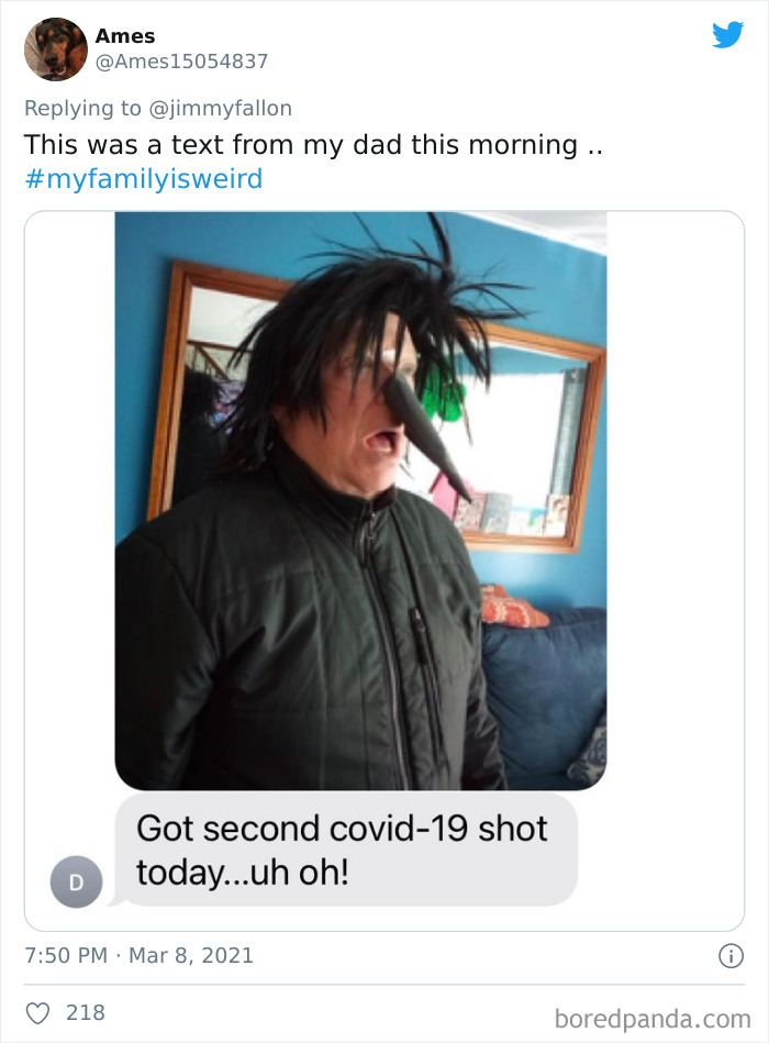 Man with a silly wig and fake long nose posing indoors, illustrating a funny my family is weird story.