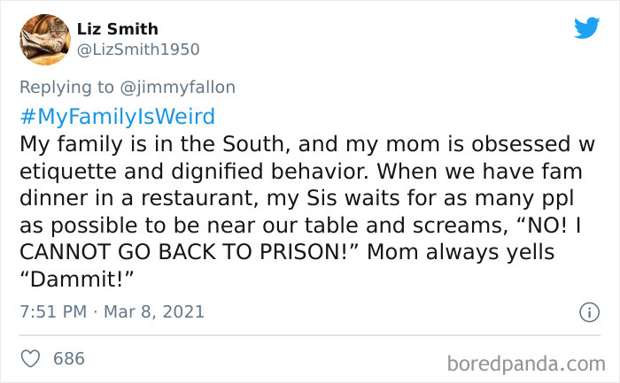 Tweet showing a funny My Family Is Weird story about a Southern family’s quirky restaurant dinner experience.