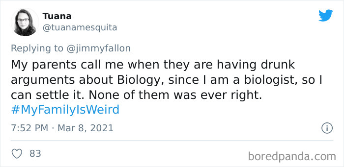 Screenshot of a Twitter post sharing a funny story about weird family moments for My Family Is Weird challenge.