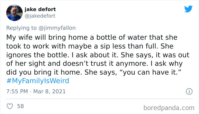 Tweet from Jake Defort sharing a funny My Family Is Weird story about a water bottle brought home from work.