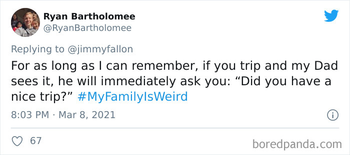 Tweet from Ryan Bartholomee sharing a funny My Family Is Weird story about his dad’s quirky reaction to tripping.