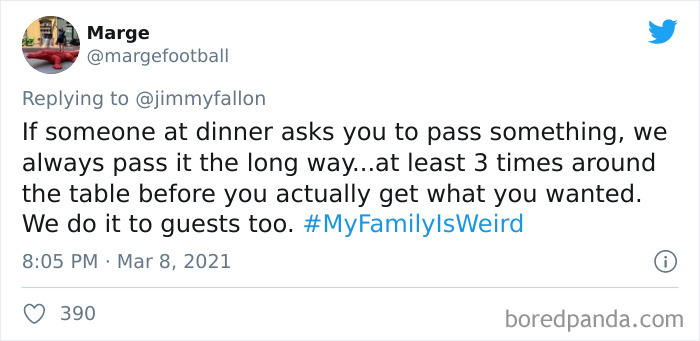 Tweet showing a funny story shared by a user about their family passing items the long way, highlighting family is weird.